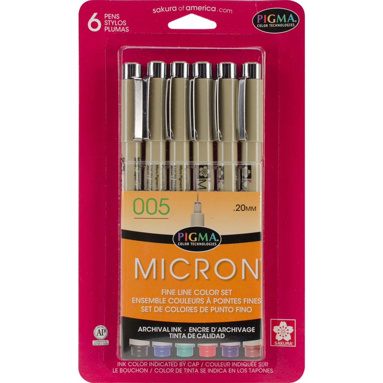 Pigma Micron Pens 005 .2mm 6/Pkg-Black, Blue, Green, Red, Purple & Brown
